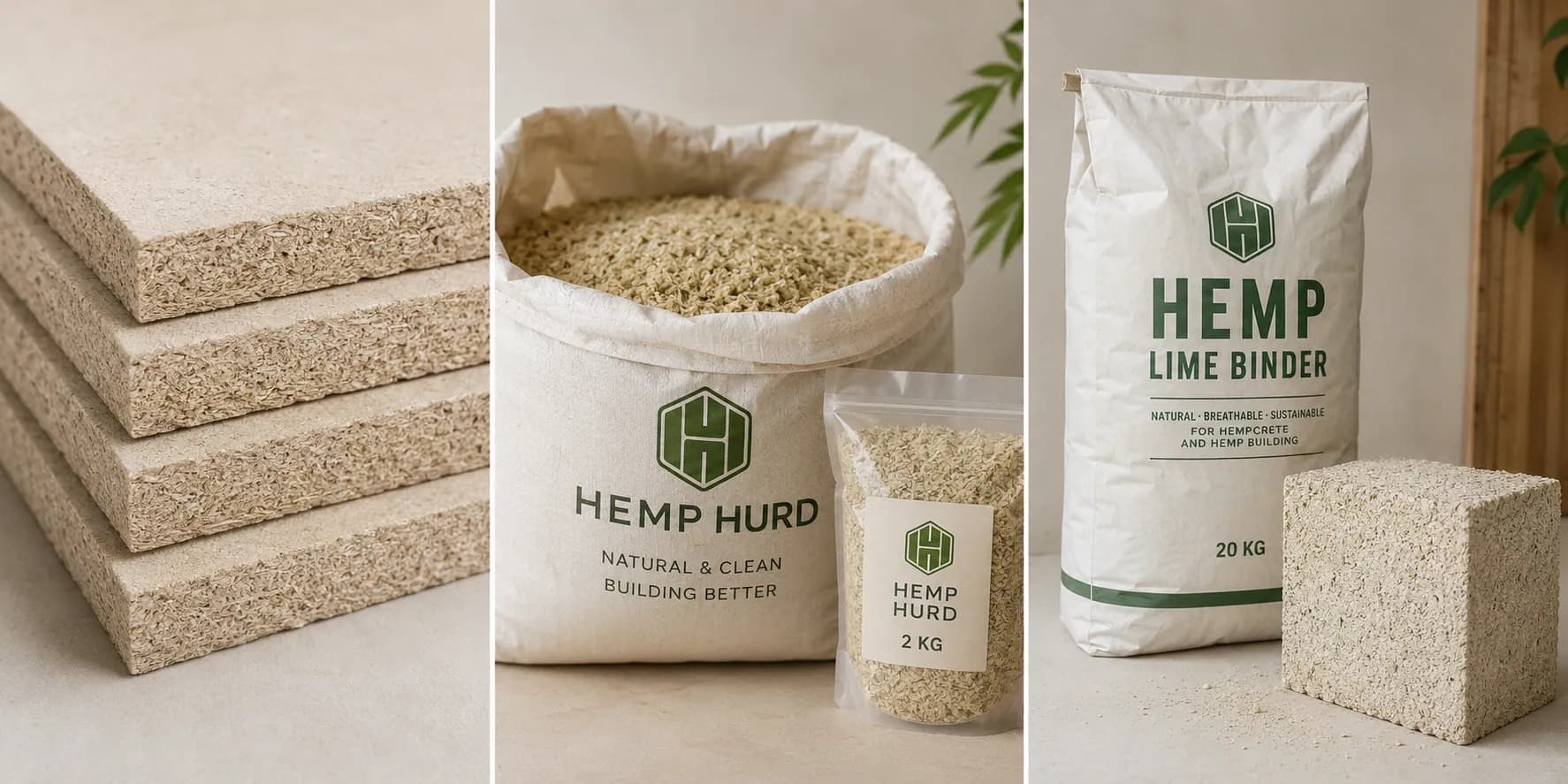 Hemp board, hemp hurd and hemp-lime binder product trio