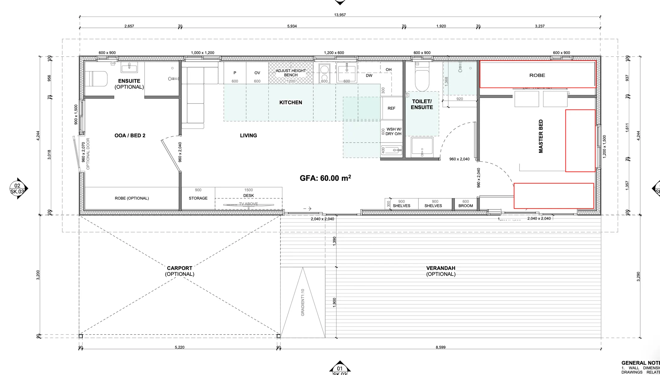 HempPod architectural floor plan, gross floor area approximately 60 square metres