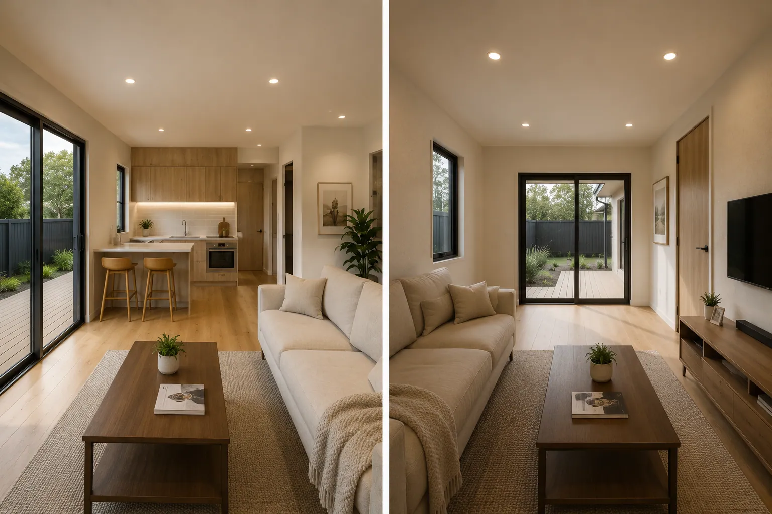 Open-plan HempPod kitchen and living area with light hemp-board cabinetry