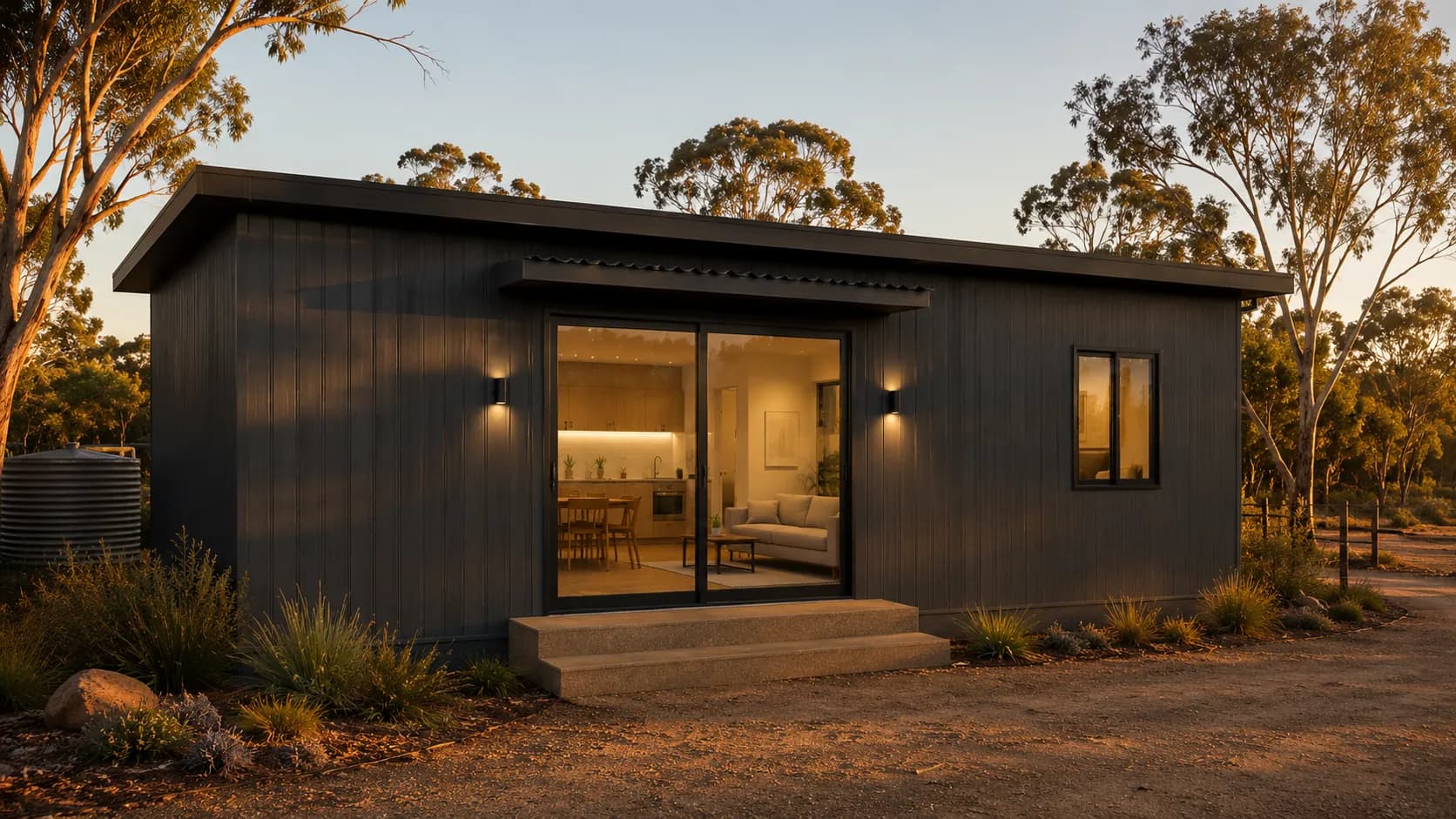 HempPod modular hemp home exterior at dusk