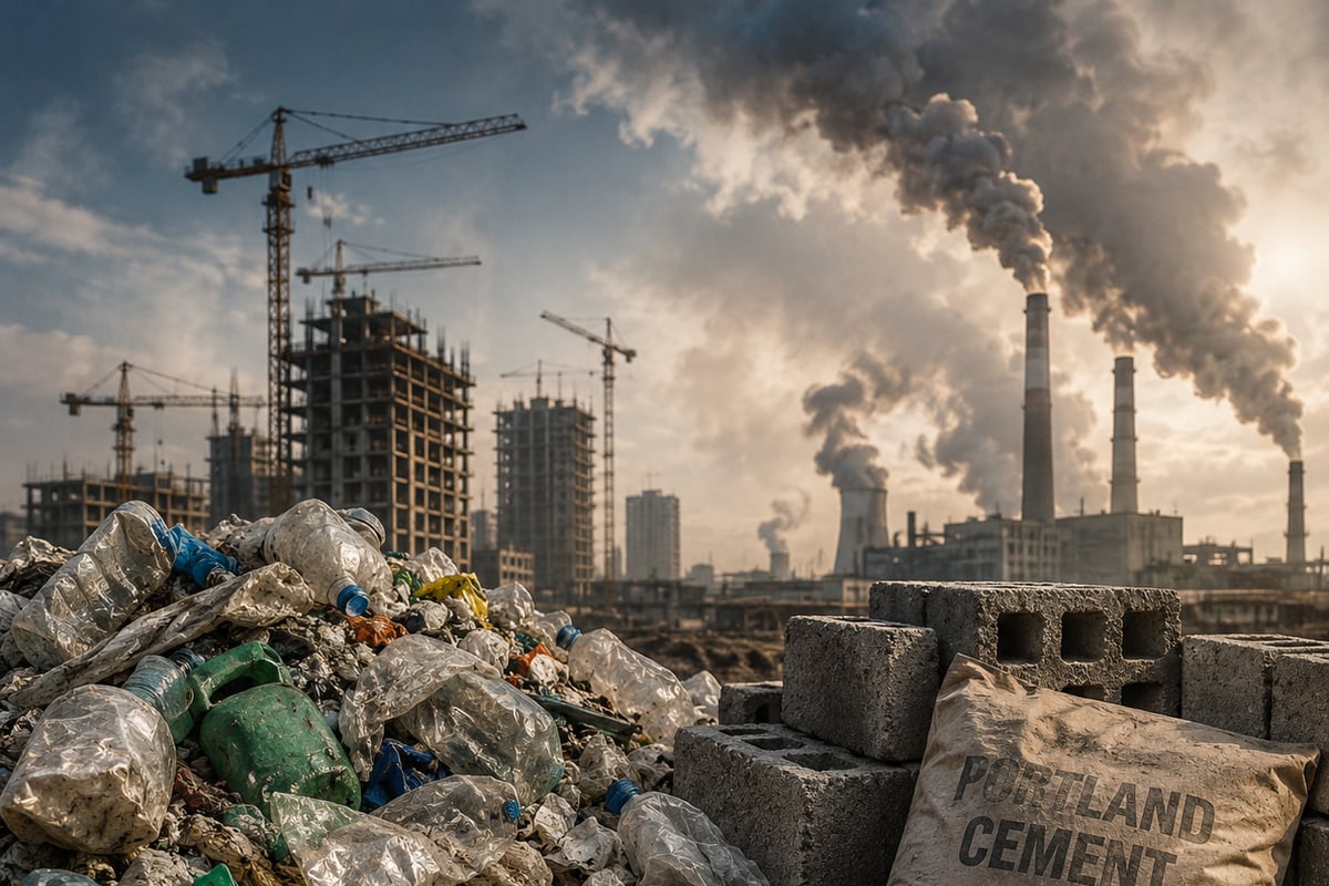 Grey brutalist concrete blocks and industrial smokestacks under a hazy, polluted sky