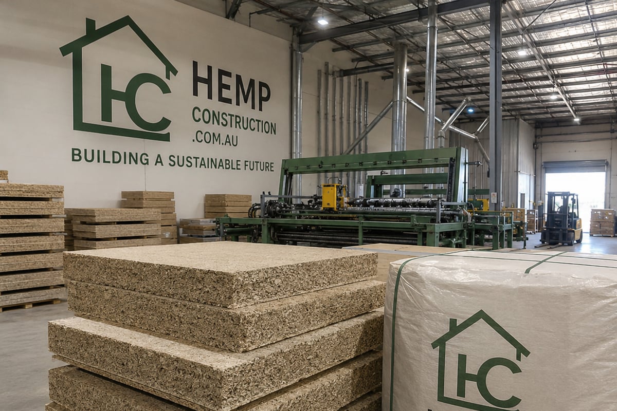Close-up of a freshly cast hempcrete wall showing hemp hurd in lime binder, warm side light